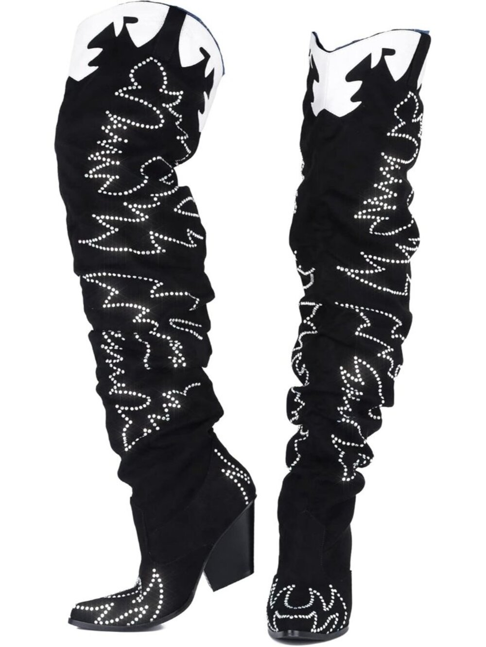 Women's Stone Black Thigh High Knee Chunky Block Heel Fashion Cowgirl Boots